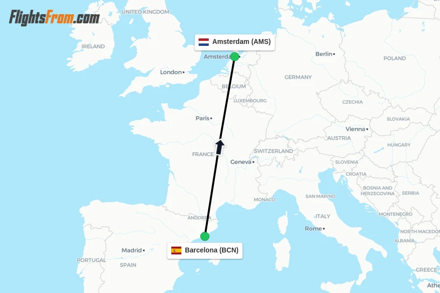 Flights from Barcelona to Amsterdam route map