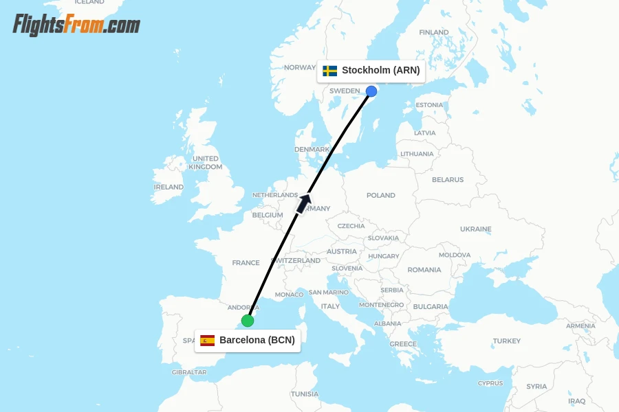 Flights from Barcelona to Stockholm route map