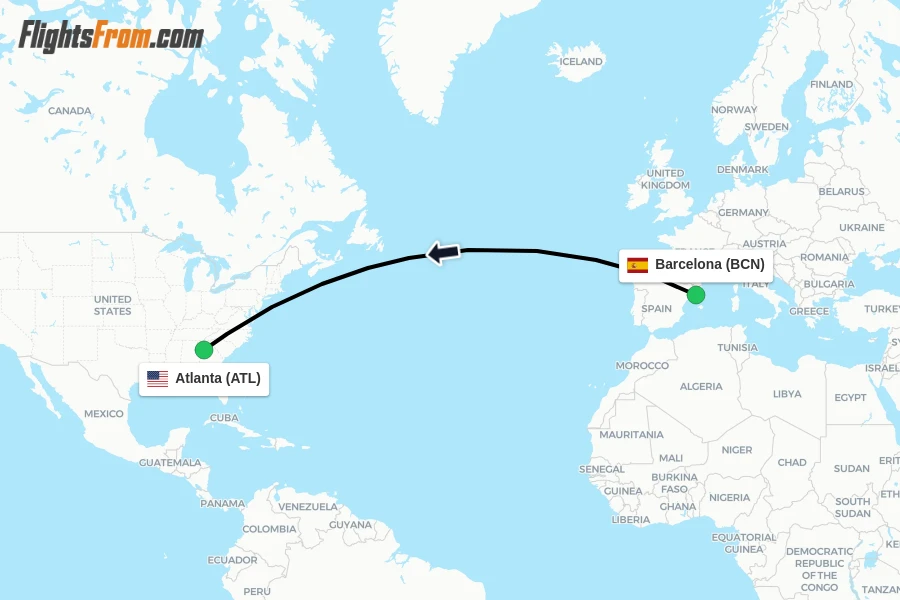 Flights from Barcelona to Atlanta route map