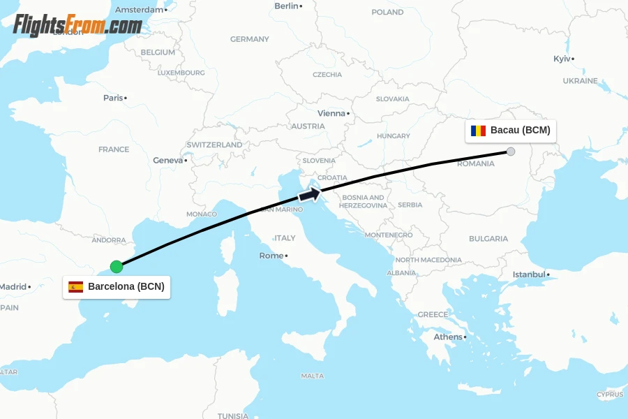 Flights from Barcelona to Bacau route map