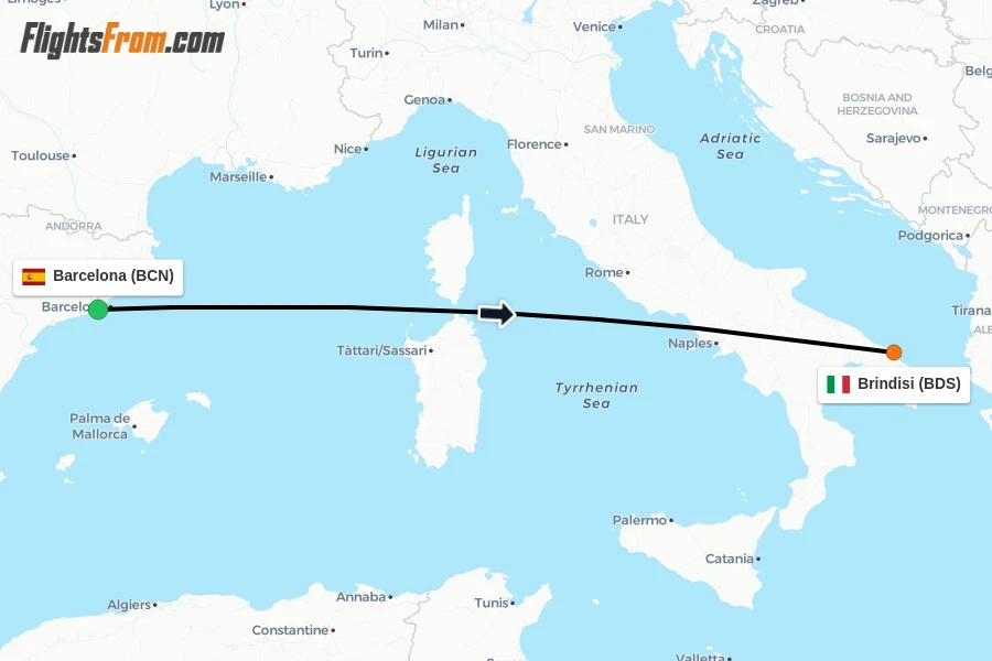 Flights from Barcelona to Brindisi route map