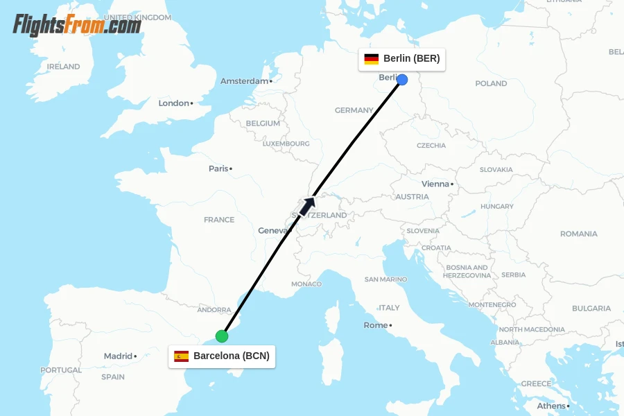 Flights from Barcelona to Berlin route map