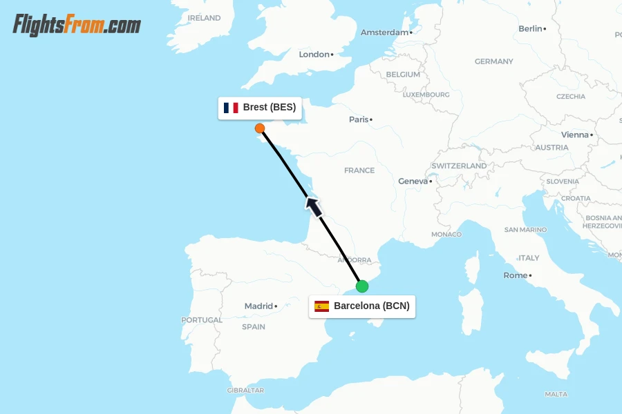 Flights from Barcelona to Brest route map