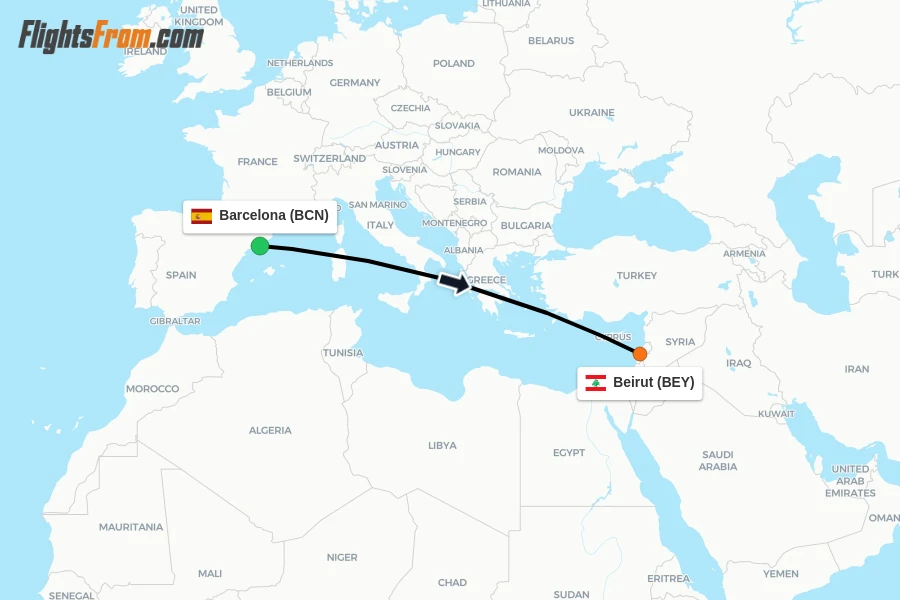 Flights from Barcelona to Beirut route map