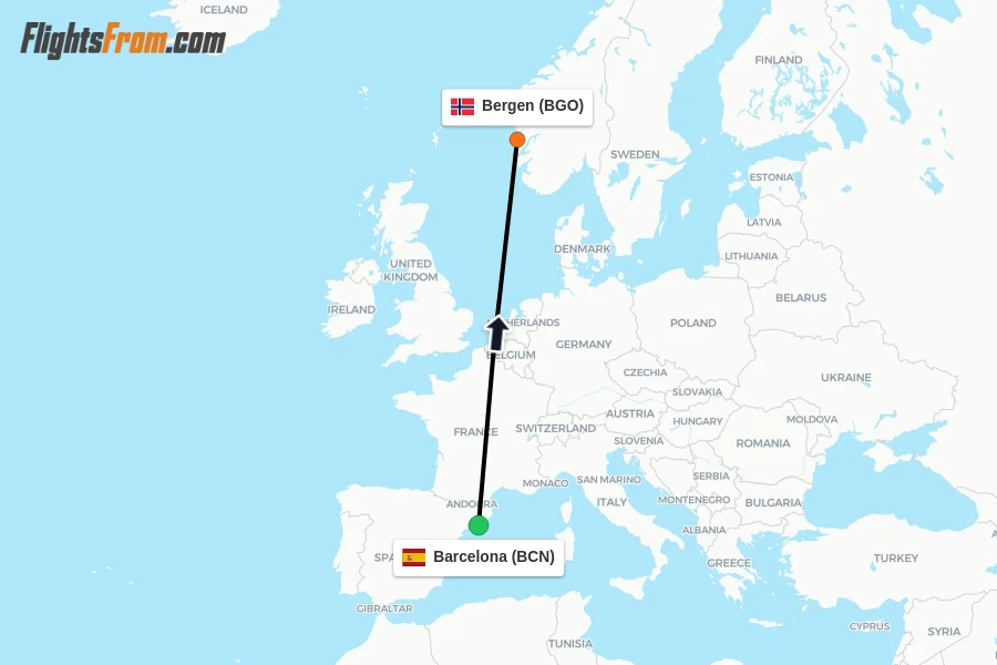 Flights from Barcelona to Bergen route map