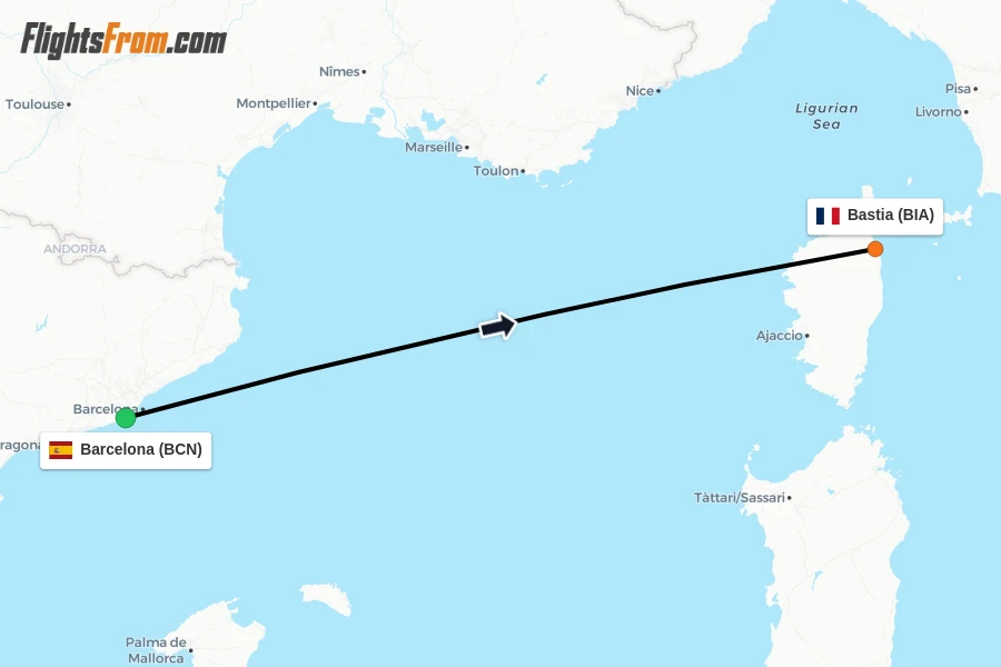 Flights from Barcelona to Bastia route map