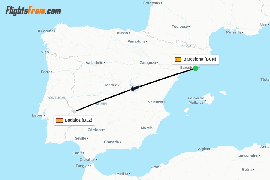 Flights from Barcelona to Badajoz route map