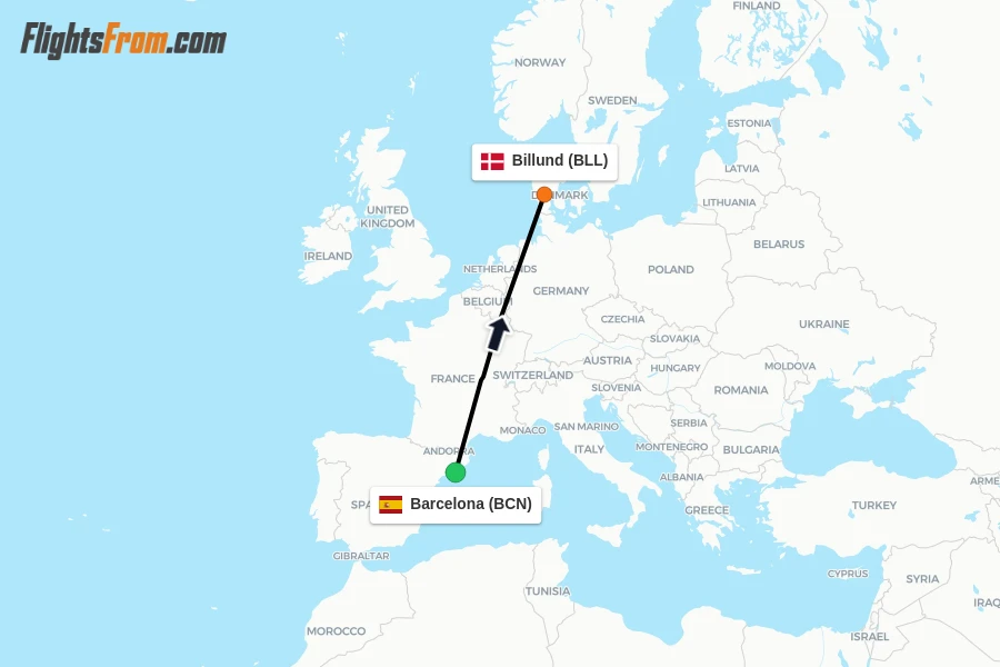 Flights from Barcelona to Billund route map