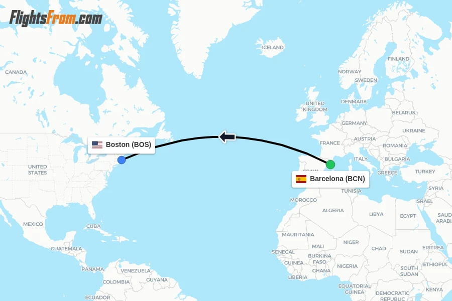 Flights from Barcelona to Boston route map