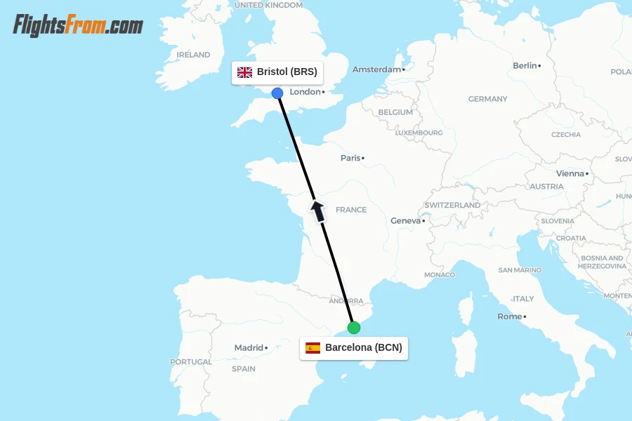 Flights from Barcelona to Bristol route map