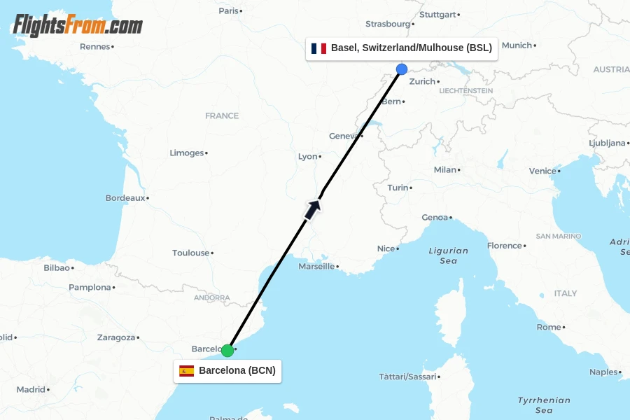 Flights from Barcelona to Basel, Switzerland/Mulhouse route map