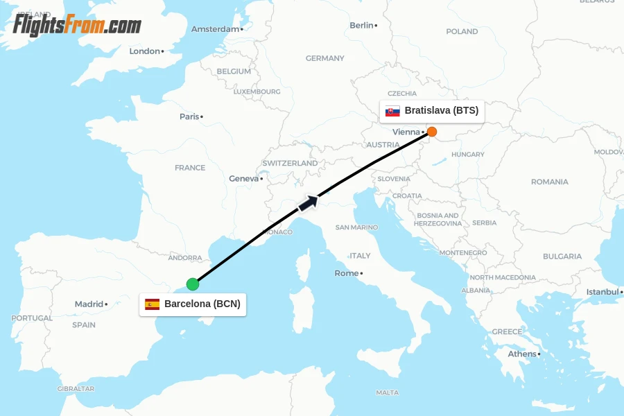 Flights from Barcelona to Bratislava route map