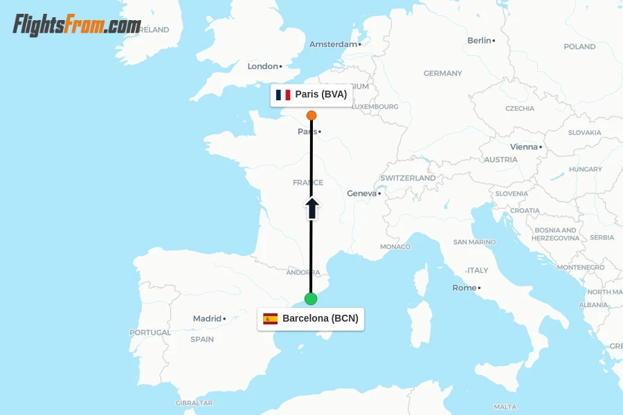 Flights from Barcelona to Paris route map