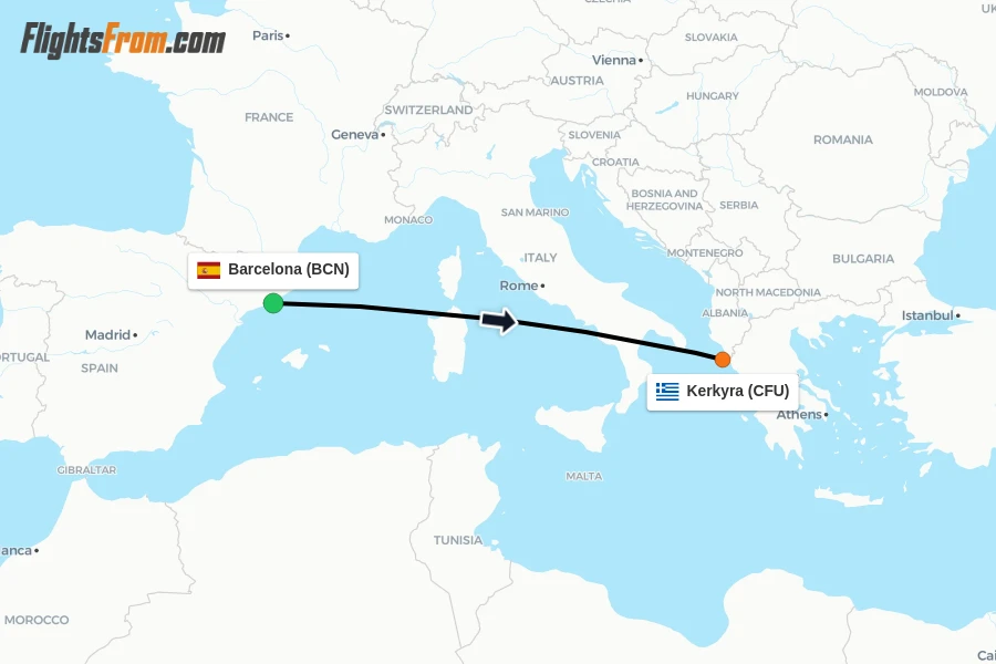Flights from Barcelona to Kerkyra route map