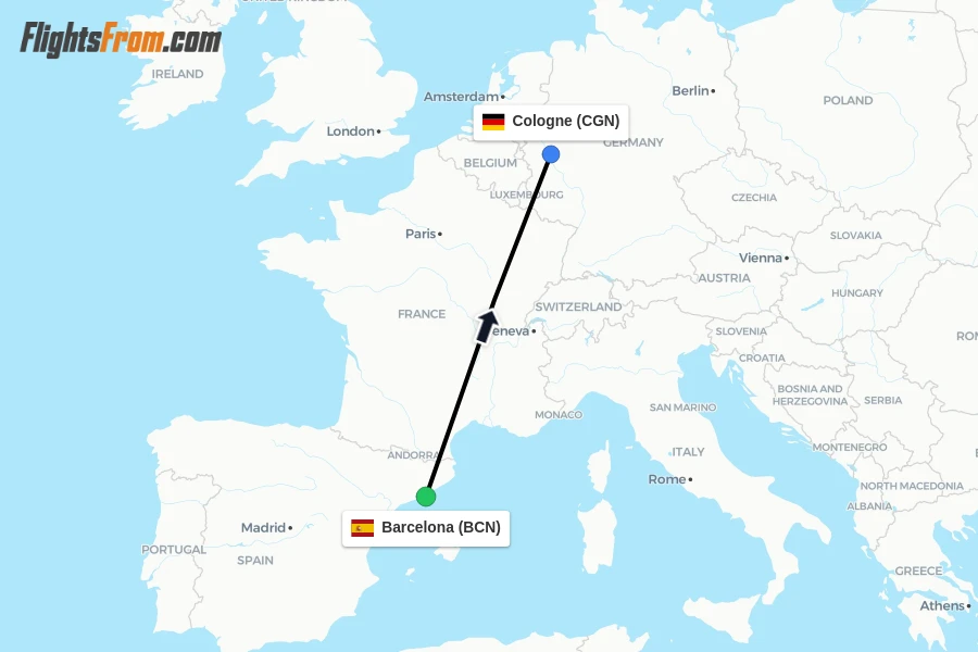 Flights from Barcelona to Cologne route map