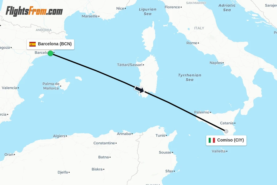 Flights from Barcelona to Comiso route map