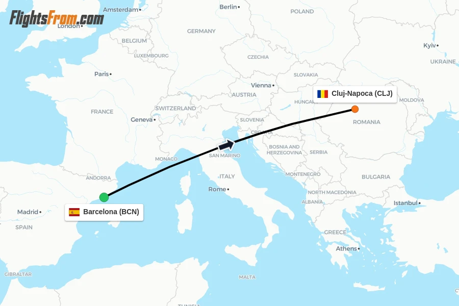 Flights from Barcelona to Cluj-Napoca route map
