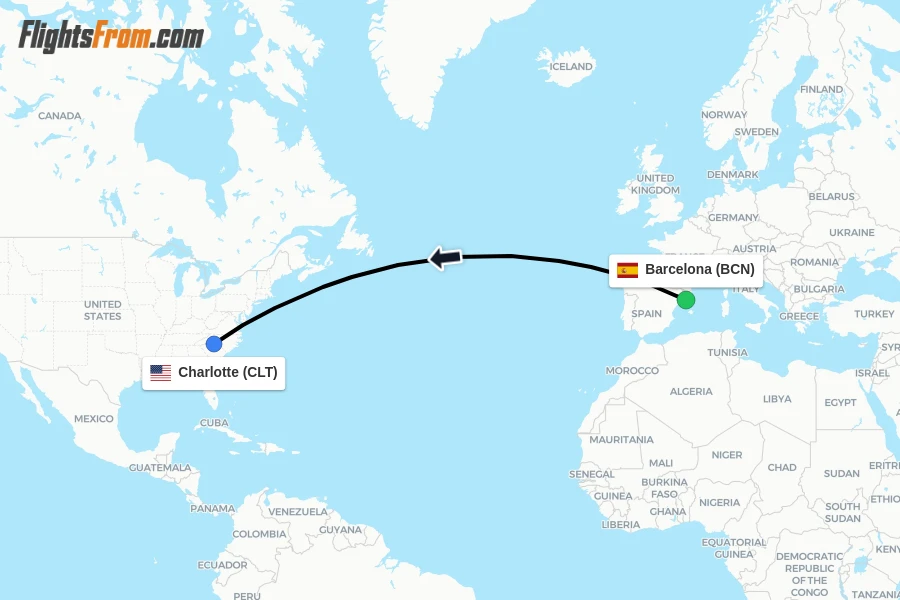 Flights from Barcelona to Charlotte route map