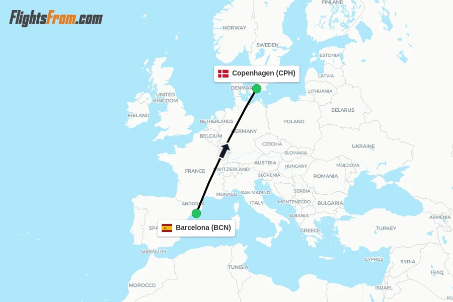 Flights from Barcelona to Copenhagen route map