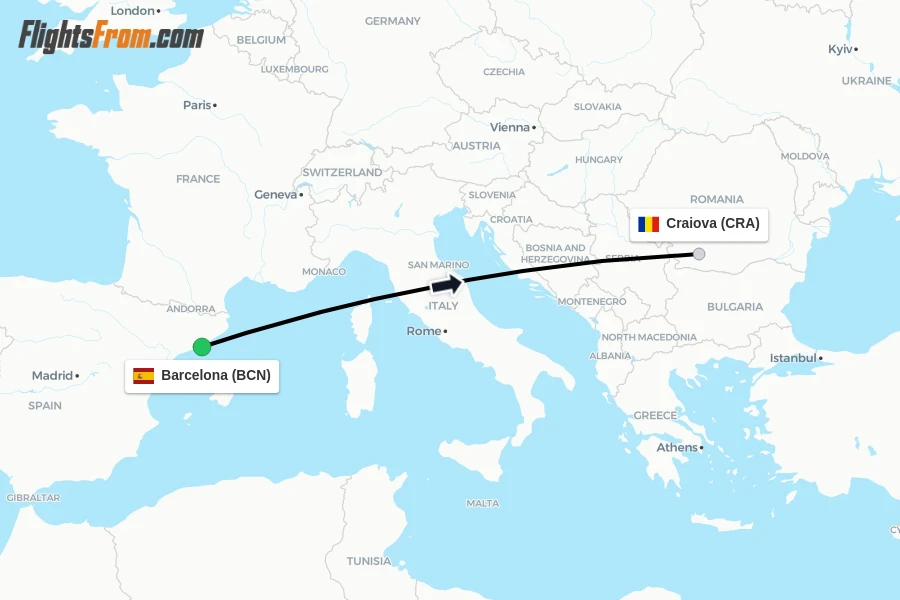 Flights from Barcelona to Craiova route map