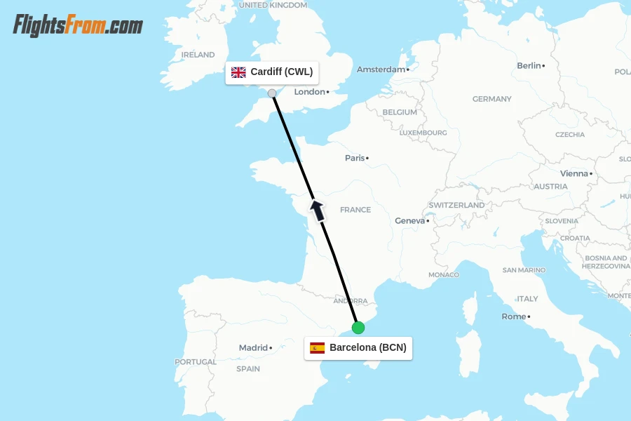 Flights from Barcelona to Cardiff route map