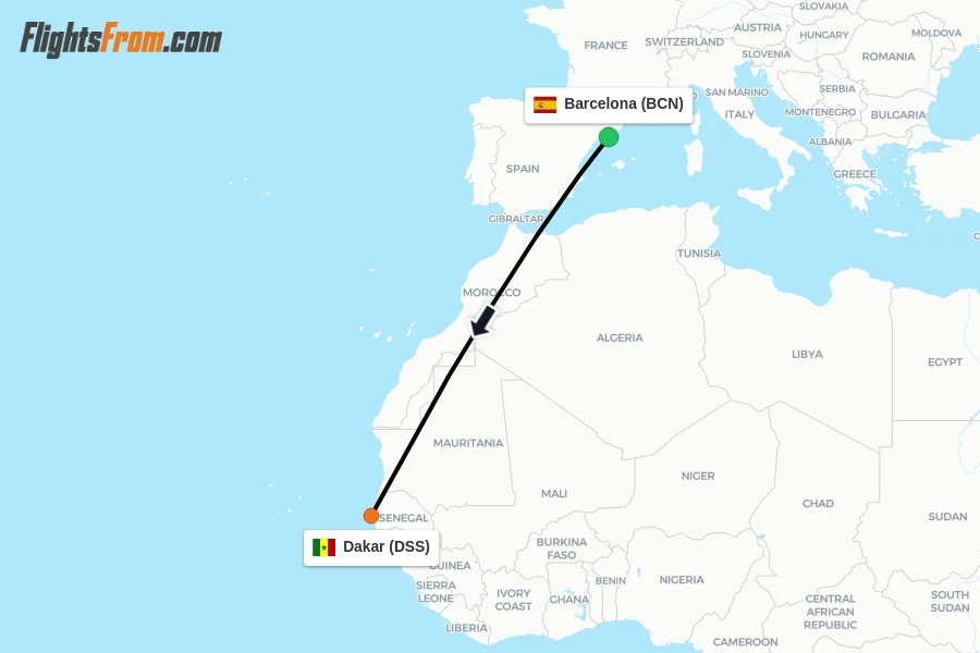 Flights from Barcelona to Dakar route map