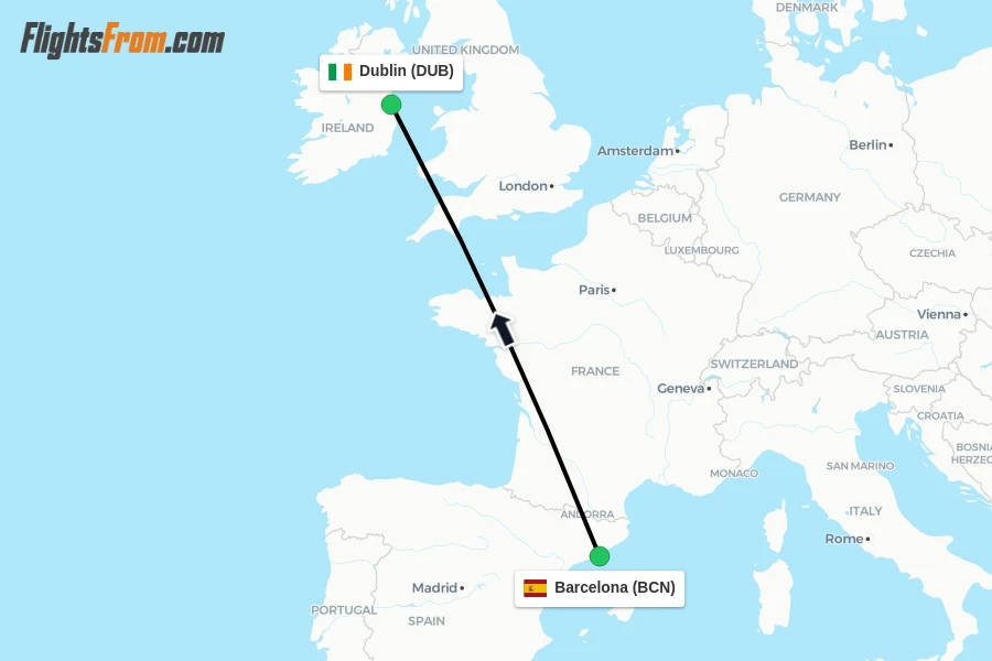 Flights from Barcelona to Dublin route map