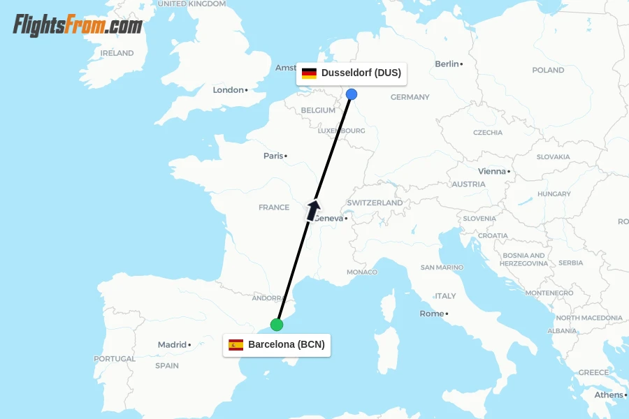 Flights from Barcelona to Dusseldorf route map