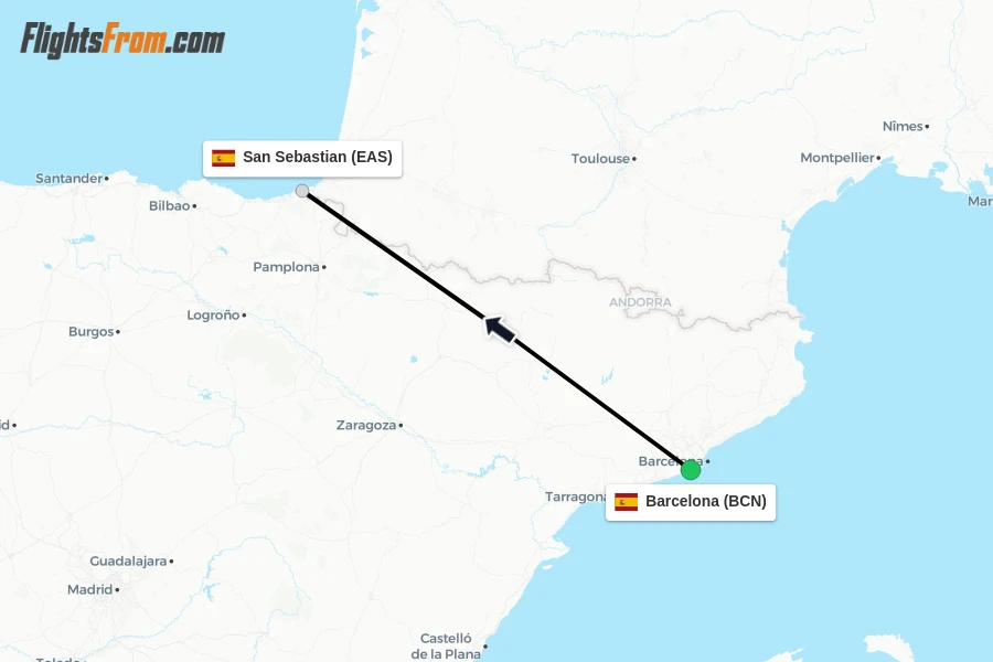 Flights from Barcelona to San Sebastian route map