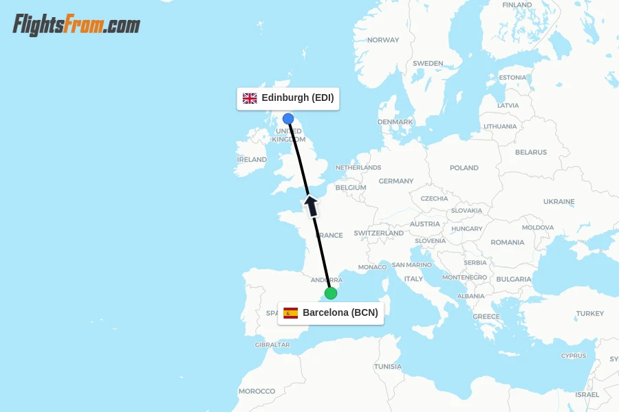 Flights from Barcelona to Edinburgh route map