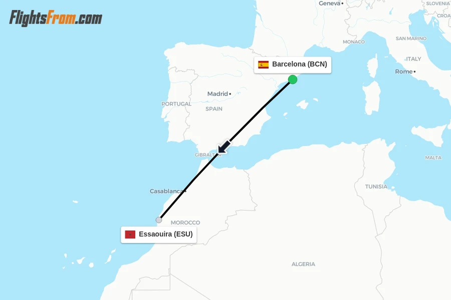 Flights from Barcelona to Essaouira route map