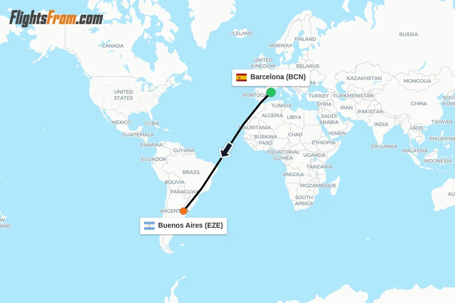 Flights from Barcelona to Buenos Aires route map