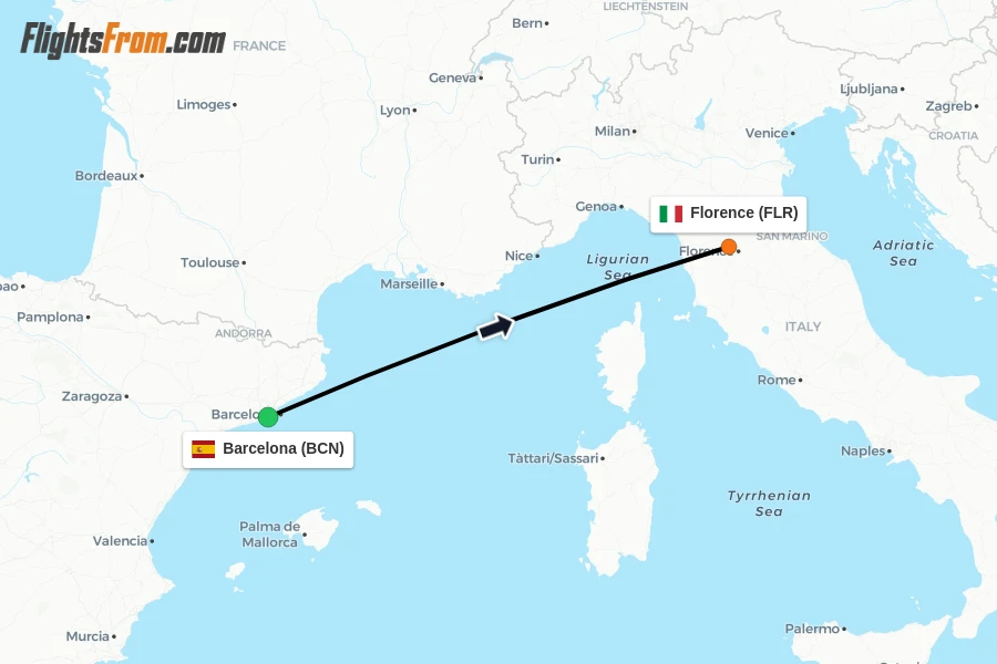 Flights from Barcelona to Florence route map
