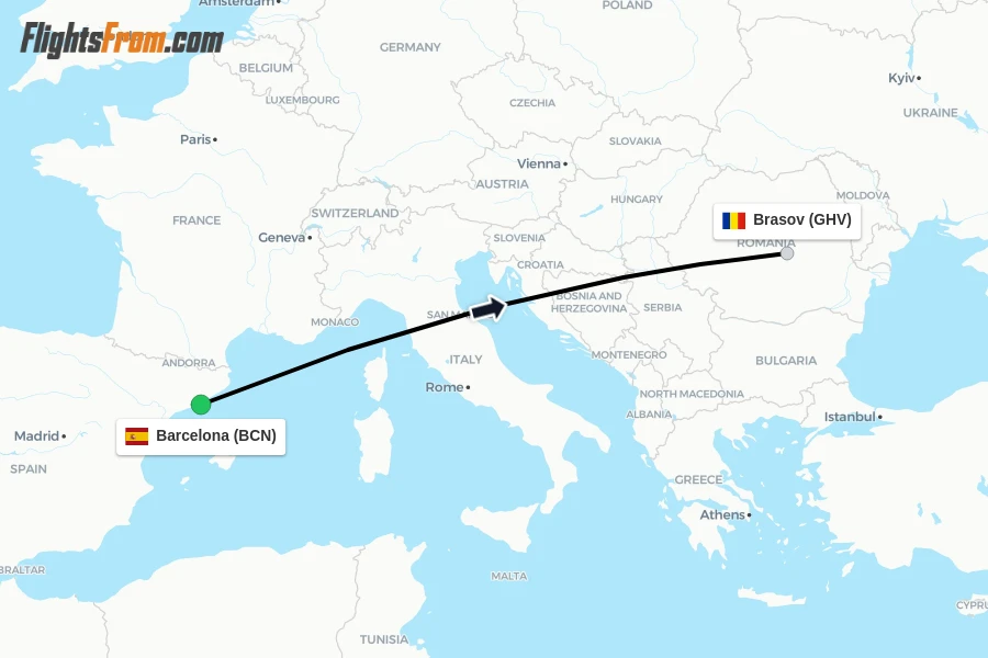 Flights from Barcelona to Brasov route map