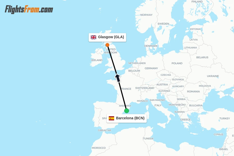 Flights from Barcelona to Glasgow route map