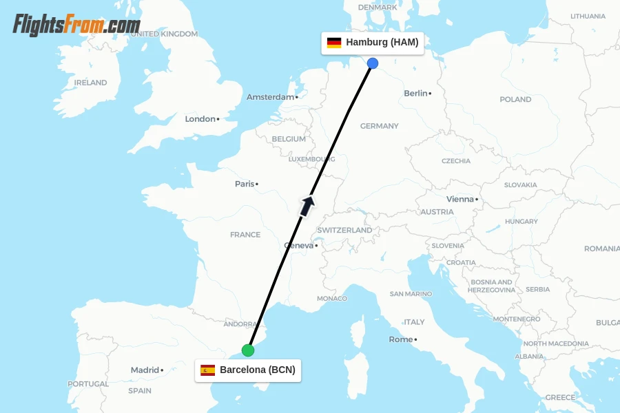 Flights from Barcelona to Hamburg route map