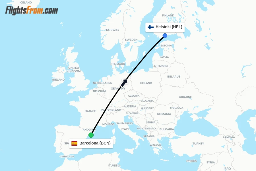 Flights from Barcelona to Helsinki route map