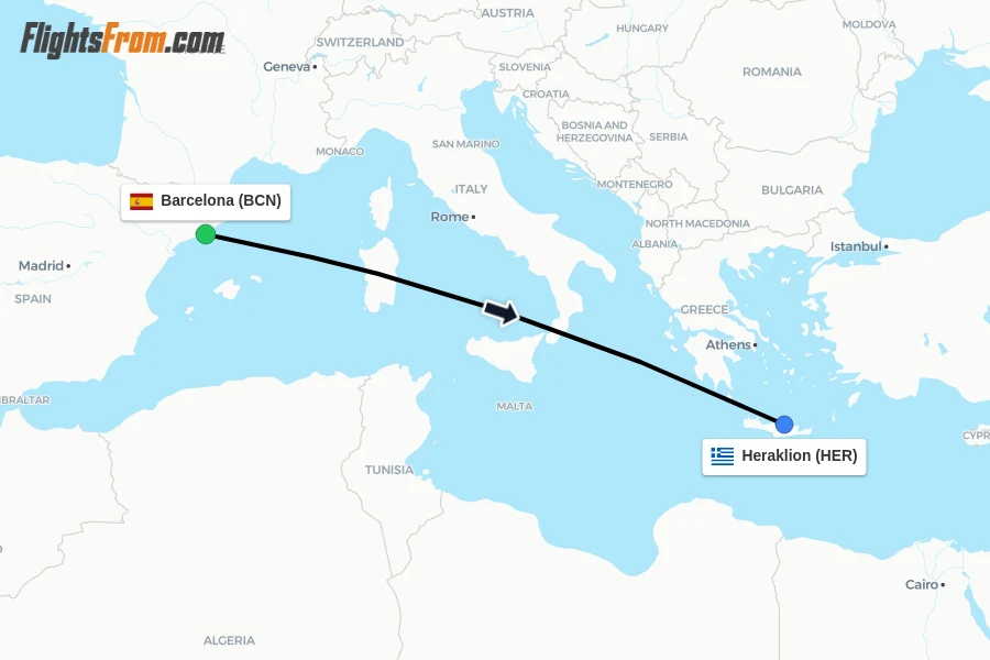 Flights from Barcelona to Heraklion route map