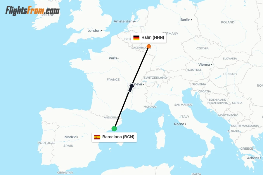 Flights from Barcelona to Hahn route map