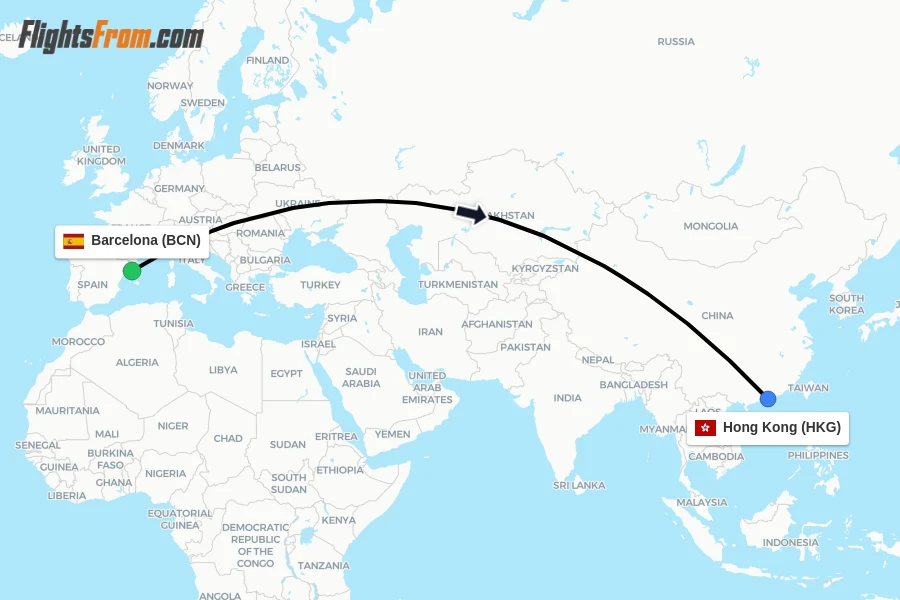 Flights from Barcelona to Hong Kong route map