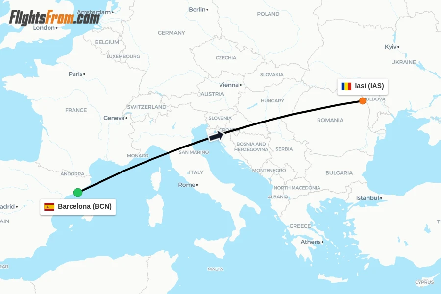 Flights from Barcelona to Iasi route map