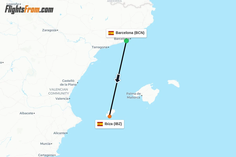 Flights from Barcelona to Ibiza route map