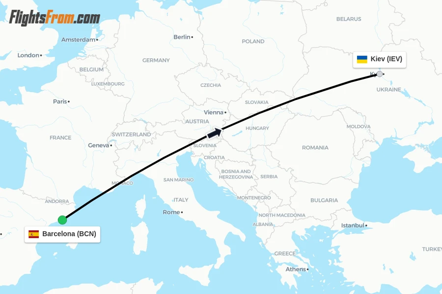 Flights from Barcelona to Kiev route map