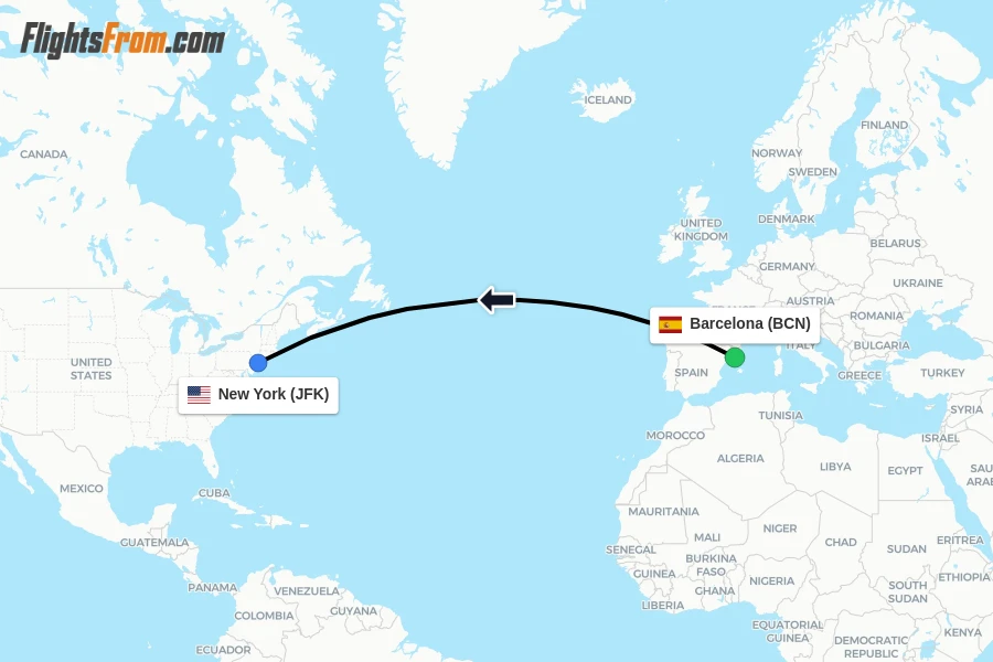 Flights from Barcelona to New York route map