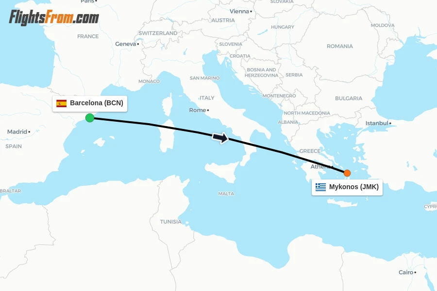 Flights from Barcelona to Mykonos route map