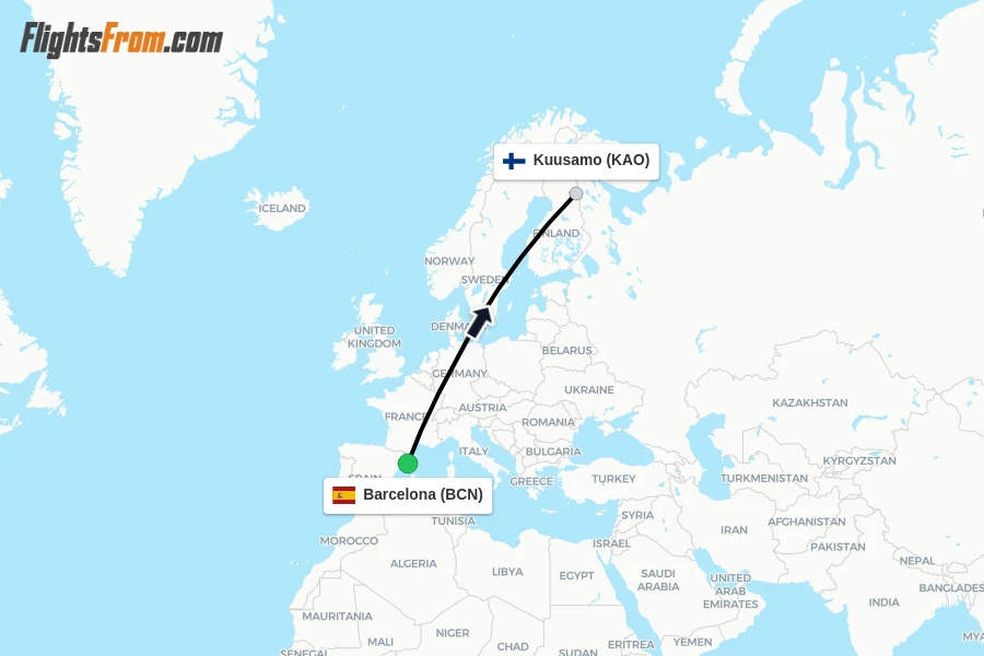 Flights from Barcelona to Kuusamo route map