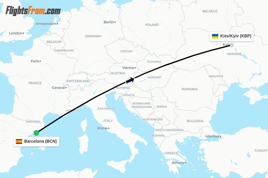 Flights from Barcelona to Kiev/Kyiv route map