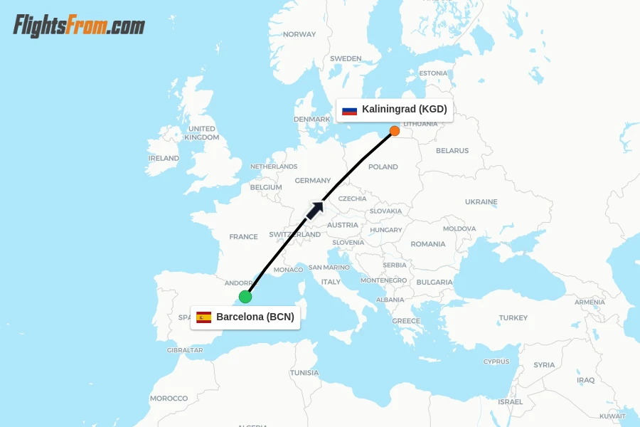 Flights from Barcelona to Kaliningrad route map