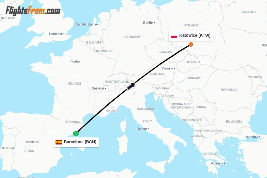 Flights from Barcelona to Katowice route map