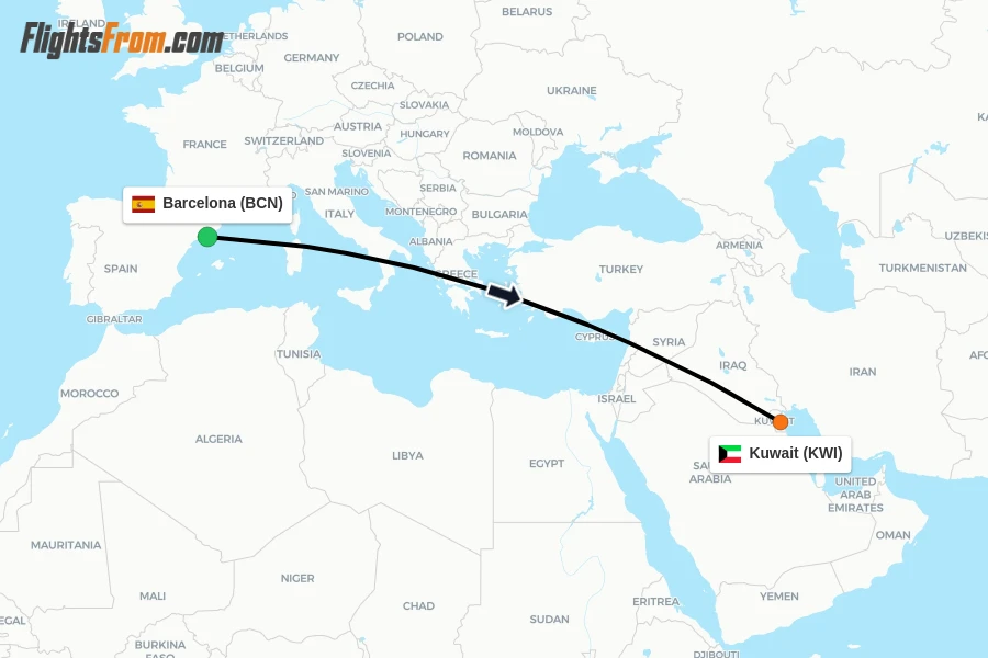 Flights from Barcelona to Kuwait route map
